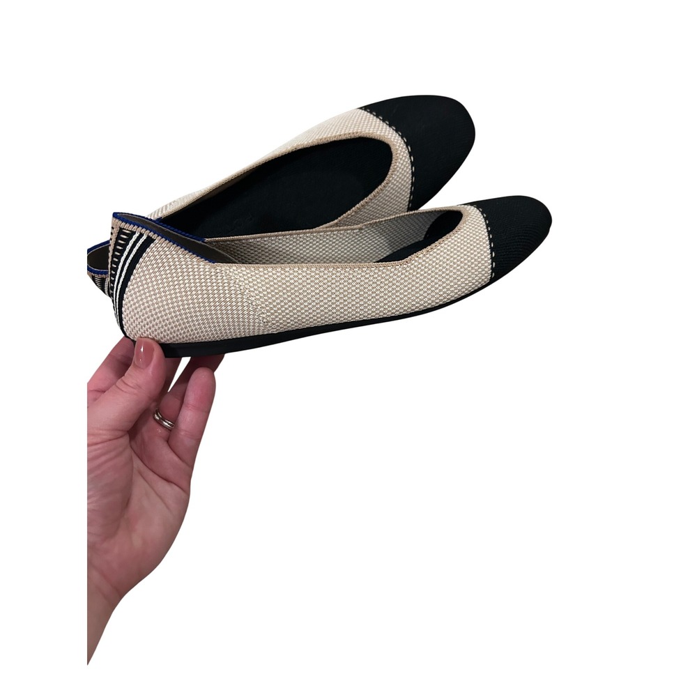 Rothys The Point Flats Womens 10 Cream Sand Black Cap Toe Pointed Toe Knit Shoes